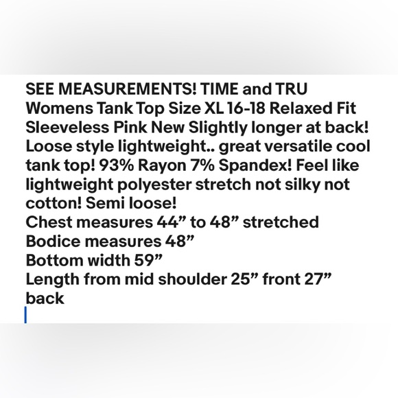 TIME and TRU Womens Tank Top Size XL 16-18 Relaxed Fit Sleeveless Pink New - Picture 7 of 7